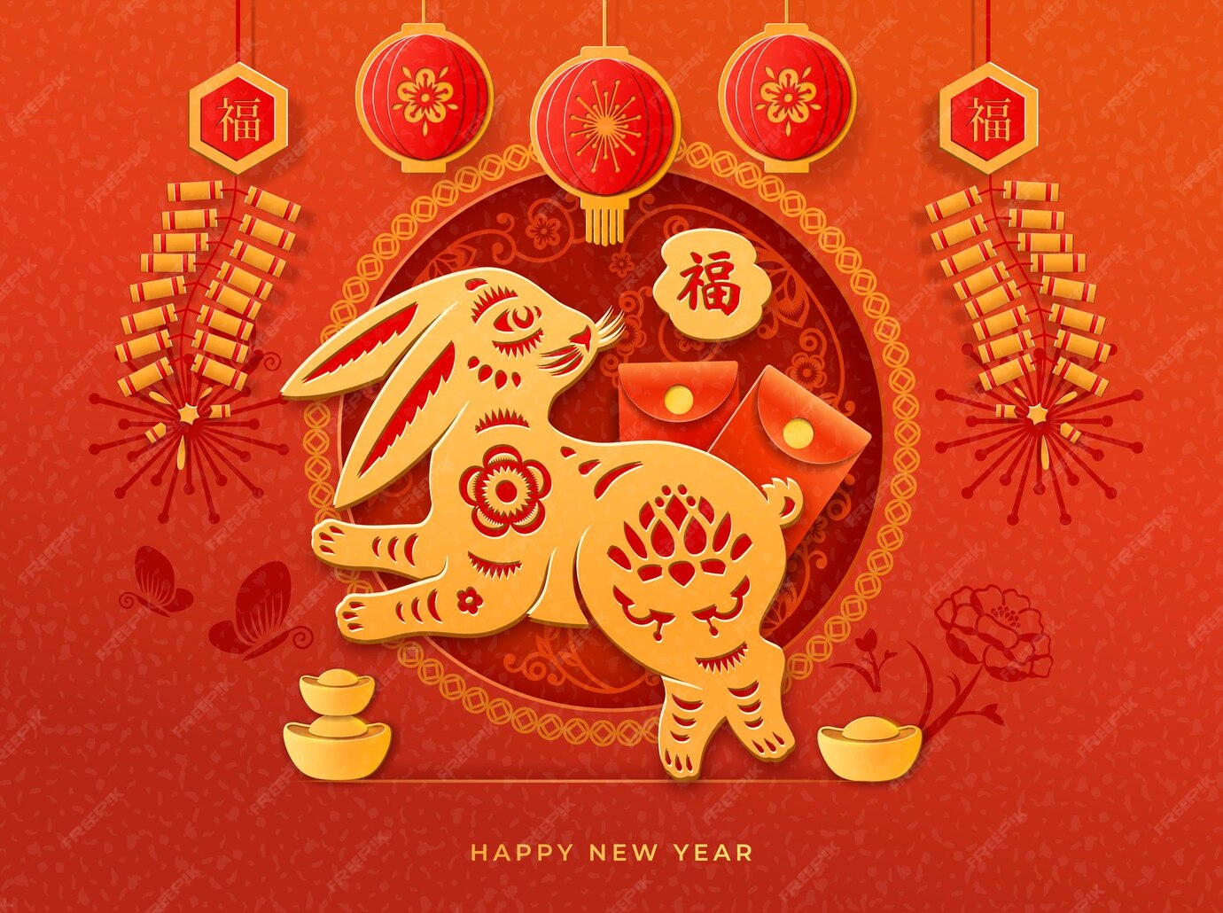 Premium Vector Cny running rabbit with chinese new year symbols