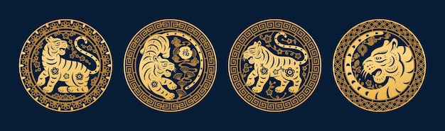 Cny signs golden tigers with floral patterns set