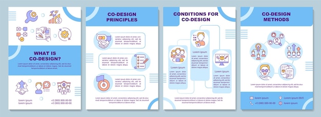 Modello di metodi di progettazione di co. volantino, opuscolo, stampa di volantini, copertina con icone lineari. progetto di cooperazione europea. layout per riviste, relazioni annuali, manifesti pubblicitari