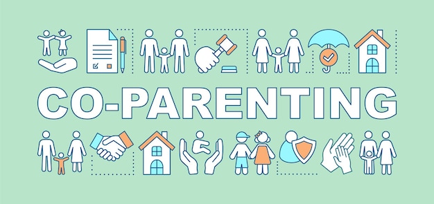 Co-parenting concepts banner. Separation agreement. Joint child custody. Coparent. Divorce. Presentation, website. Isolated lettering typography idea with linear icons. Vector outline illustration