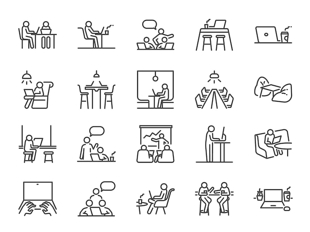 Co-working space lijn icon set.