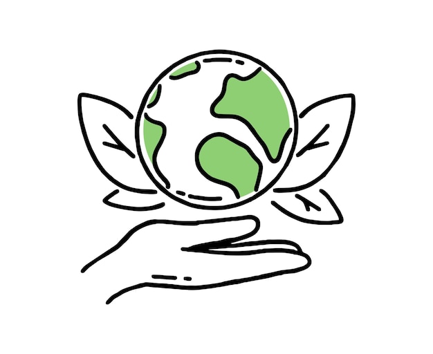 Co2 klimaatverandering concept groene energie planeet aarde in de palm van je hand Vector geïsoleerde doodle