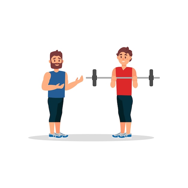 Coach holds training session with young man guy doing exercise with barbell healthy lifestyle flat vector design