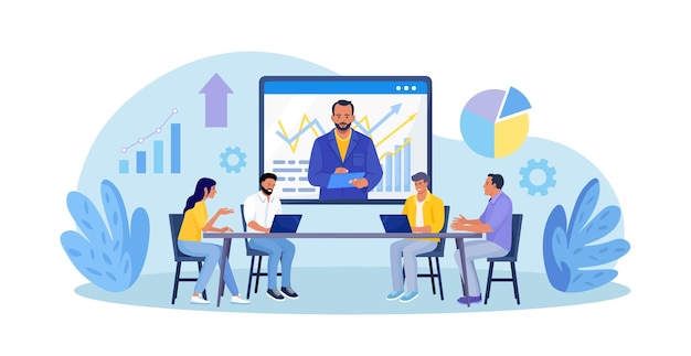 Vector coach speaking before business people online mentor presenting charts and reports webinar video conference employees meeting at business training seminar courses internet presentation lecture