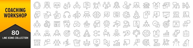 Coaching en workshop lijn iconen collectie Grote UI icon set in een plat ontwerp Dunne omtrek iconen pack Vector illustratie EPS10
