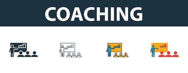 Vettore set di icone di coaching quattro semplici simboli in stili diversi dalla collezione di icone di soft skills le icone di coaching creative riempivano i contorni colorati e i simboli piatti