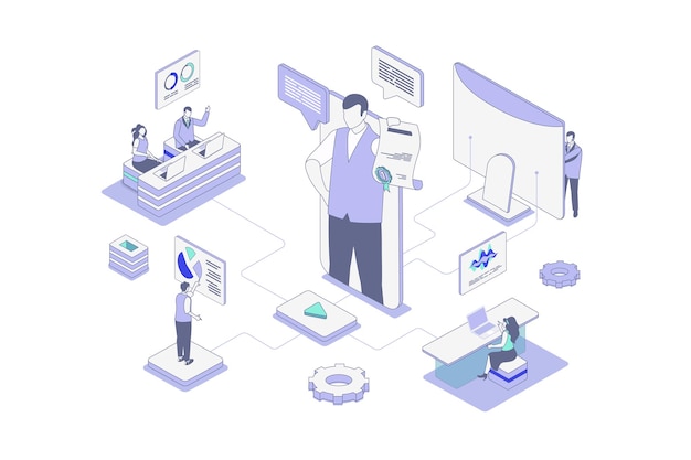 Coaching isometric concept in outline isometry design for web People training with business coach at lecture for company employees improves sales performance with trainer Vector illustration