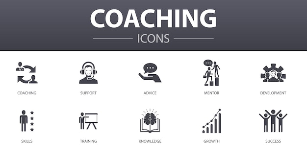 Coaching simple concept icons set. Contains such icons as support, mentor, skills, training and more, can be used for web, logo, UI/UX