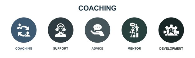 Coaching support advice mentor development icons Infographic design template Creative concept with 5 steps