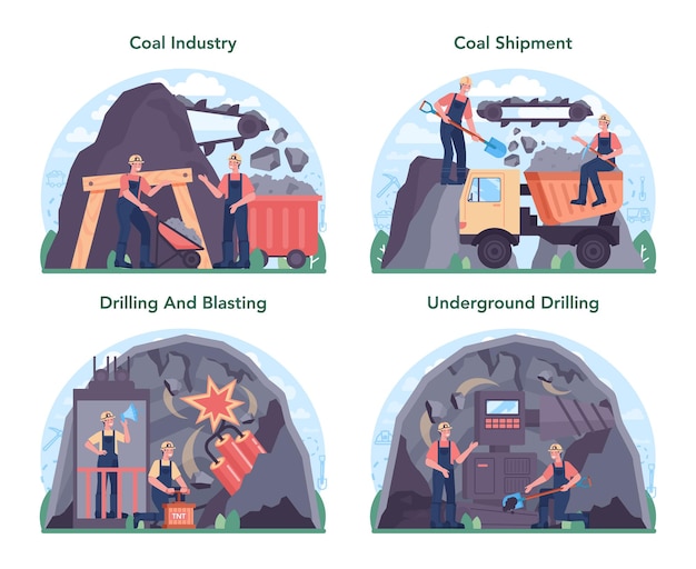 Coal industry concept set. mineral and natural resources extraction.