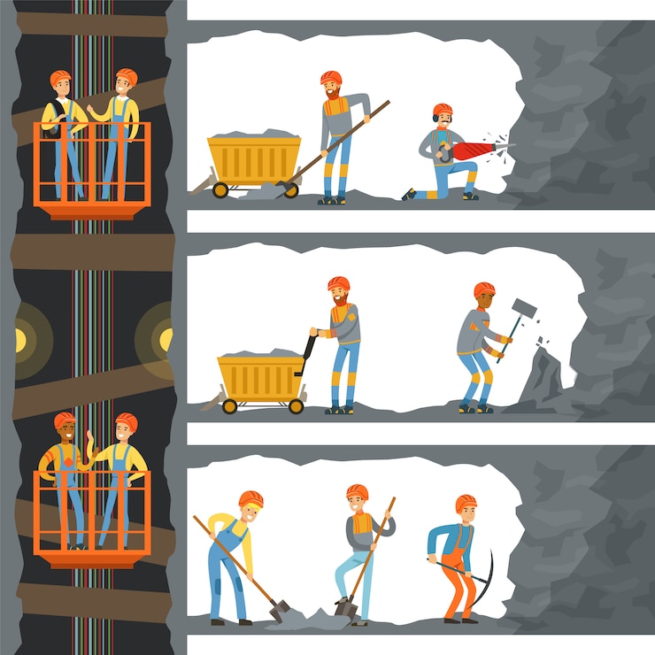 Vector coal industry, mine with many levels, workers, lift and appliances.