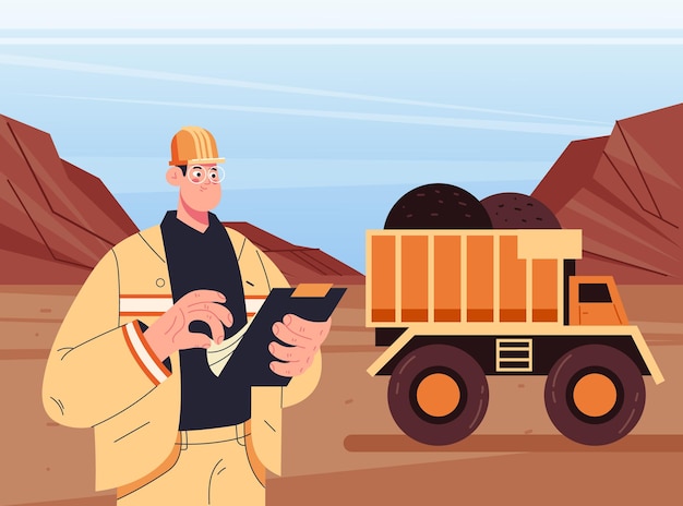 Coal mining engineer man character inspecting work process concept