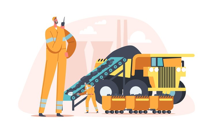 Vector coal mining, extraction industry concept. miner character loading coal in truck. engineers work on quarry with transport and technique, fossil industrial production. cartoon people vector illustration