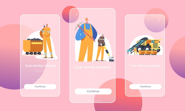 石炭鉱業モバイルアプリページオンボード画面テンプレート。ツール、輸送、技術を使って採石場で働くマイナーキャラクター。鉱物抽出の概念。漫画の人々のベクトル図