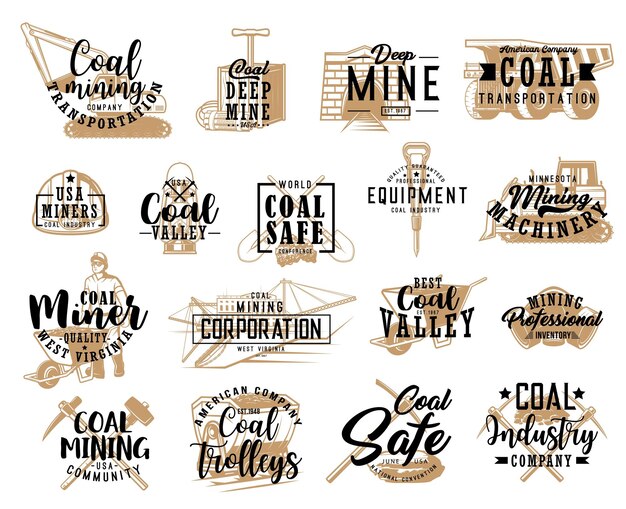 Coal mining industry tools and transport icons set