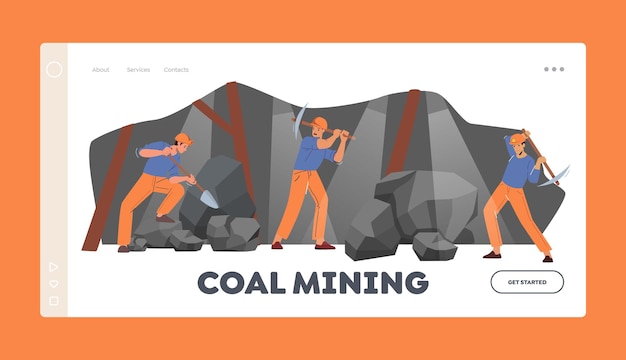 Vector coal mining landing page template workers working in coal mine quarry with shovels and pickaxes extraction industry