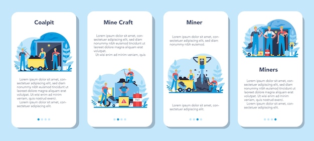 石炭または鉱物採掘モバイルアプリケーションバナーセット。つるはし、削岩機、手押し車が地下で作業している制服とヘルメットの労働者。抽出業界の職業。