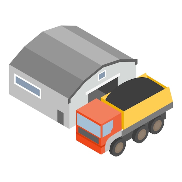 Vector coal transportation icon isometric vector dump truck with coal near hangar icon fuel industry transportation delivery storage