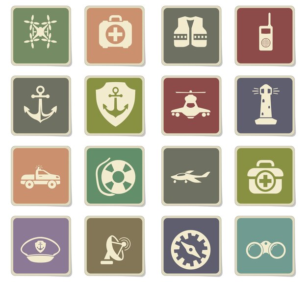 Coast guard icons on square paper stickers with shadow