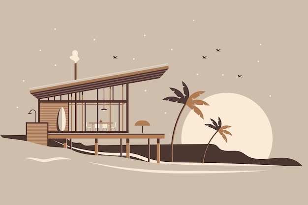 Coastal cafe terras, palmbomen, strand en vogels bij zonsondergang. Zomer reizen illustratie