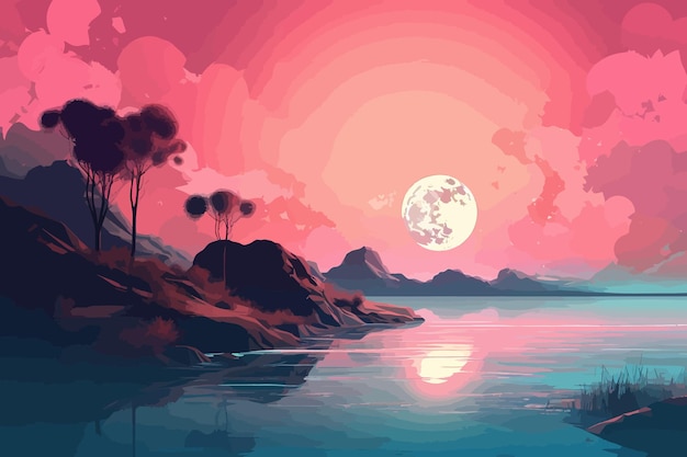 ベクトル 海岸の魅力 海洋をテーマにした濃いピンクと明るい紺碧の風景イラスト