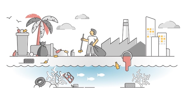 Problema di inquinamento costiero come concetto di contorno di contaminazione dei rifiuti di acqua da spiaggia. pericolo di immondizia ecologica vicino all'illustrazione di vettore dell'ambiente urbano dell'oceano. rifiuti di plastica come pericolo marino tossico per il mare.