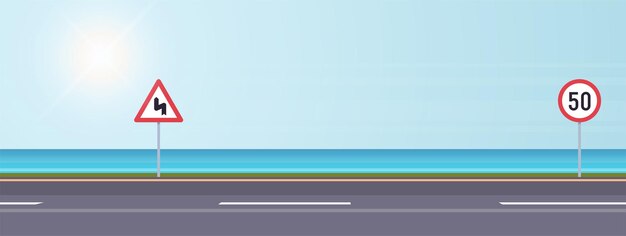 Vector coastal road and modern style holiday road outdoor travel design flat vector illustration