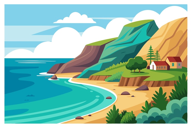 Vector coastal scene with cliffs houses and lush greenery