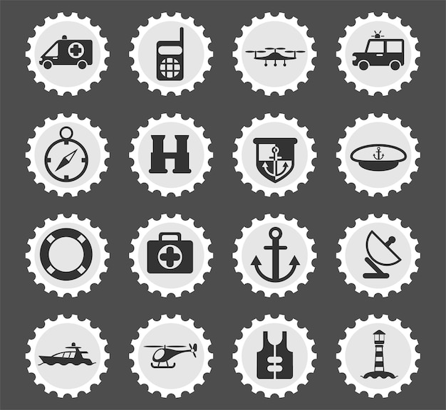 Vector coastguard symbols on a round postage stamp stylized icons