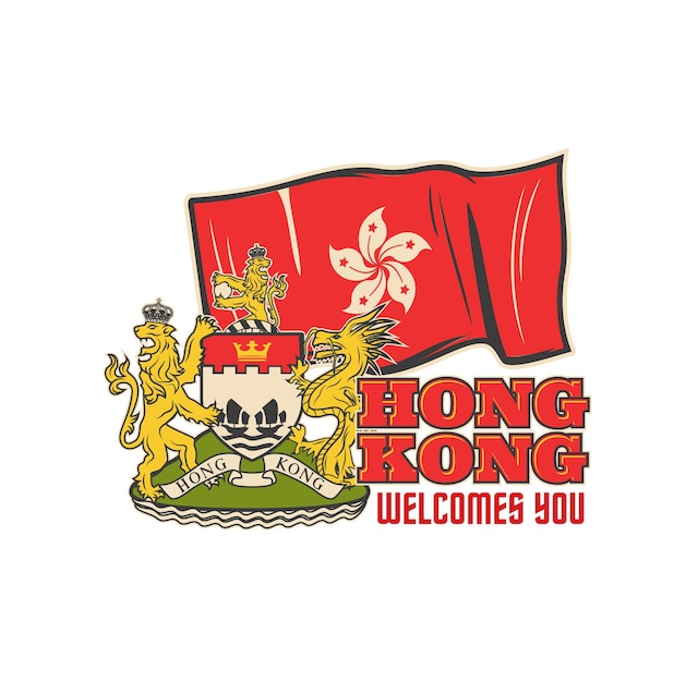 Coat of Arms, Hong Kong travel icon. Asian journey, China city travel vector badge, retro label or vintage icon with red flag, Hong Kong regional emblem and coat of arms with lion and dragon