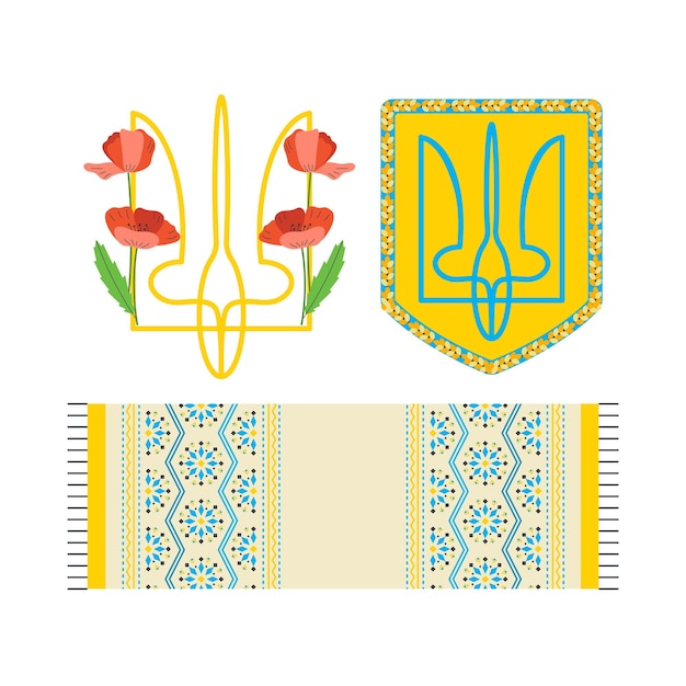 Coat of arms of Ukraine and towel with embroidery Ukrainian symbols