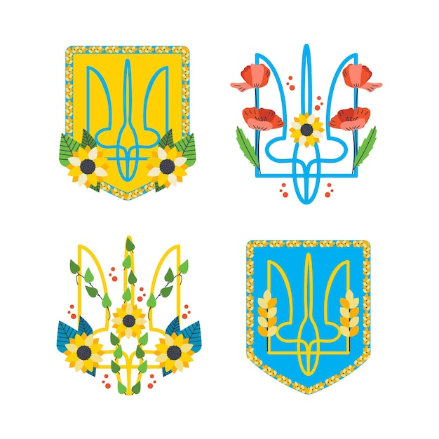 Coat of arms of Ukraine with flowers poppy sunflowers Ukrainian symbols
