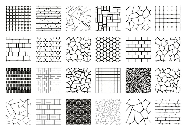 조약돌 질감 포장 벽돌과 자갈 빈티지 장식 그래픽 돌 보도 포장 계획 정원 안뜰 검은 경로 벡터 격리 세트