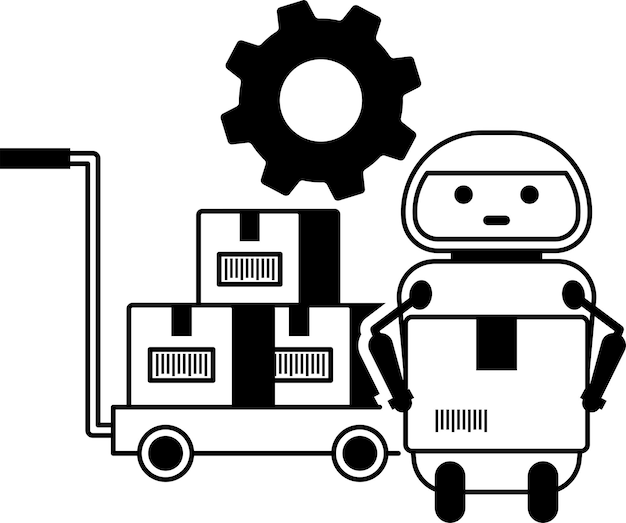 골판지 벡터 디자인 이동을 위한 로드 개념 로봇 공학 작업 및 운반 코봇 피커