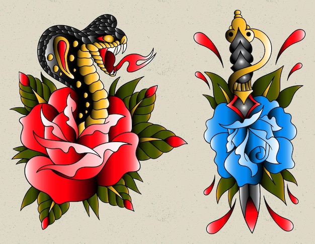 Вектор Кобра роза и кинжал и татуировка розы