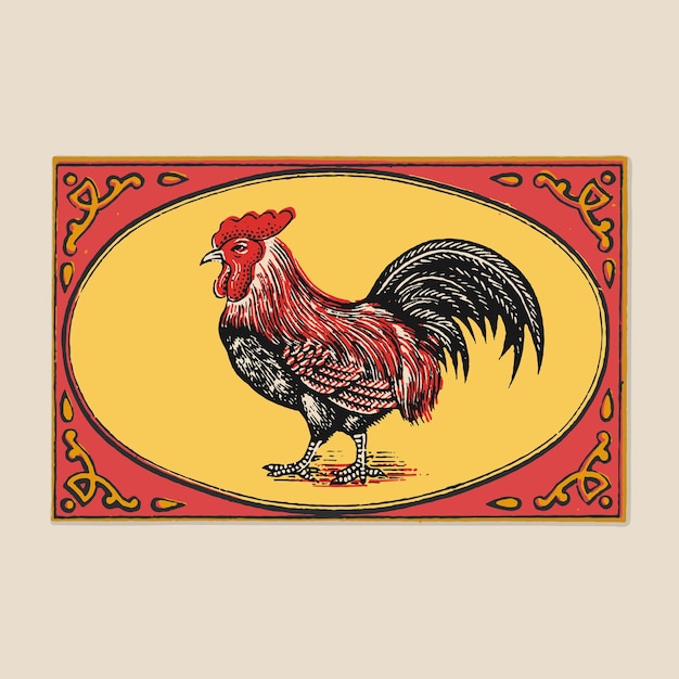 Cock chicken matchbox label frame retro logo old vintage illustration poster template design vector