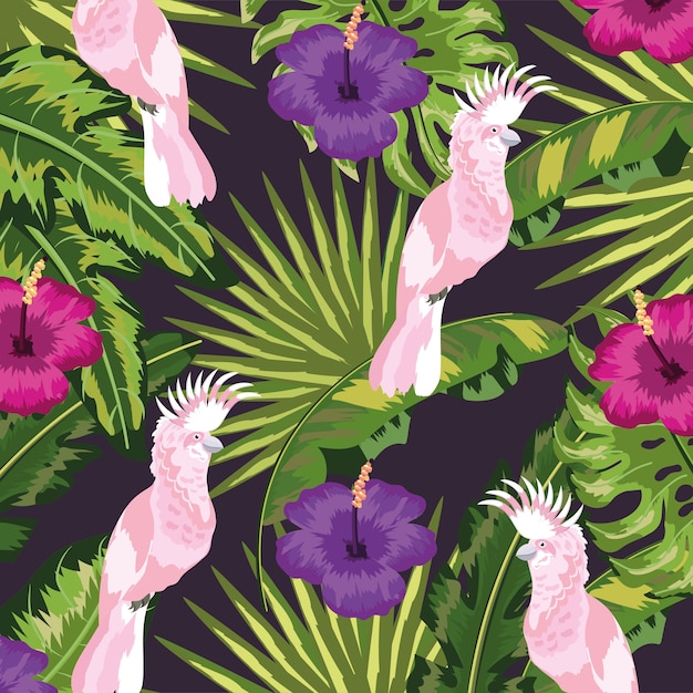 Cacatua con sfondo di fiori e piante tropicali