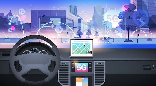 Vettore cabina di guida con assistenza alla guida intelligente concetto di connessione di sistemi di rete wireless 5g comunicazione online