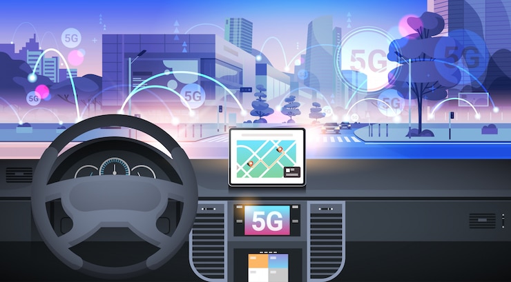 Vector cockpit with smart driving assistance 5g online communication network wireless systems connection concept