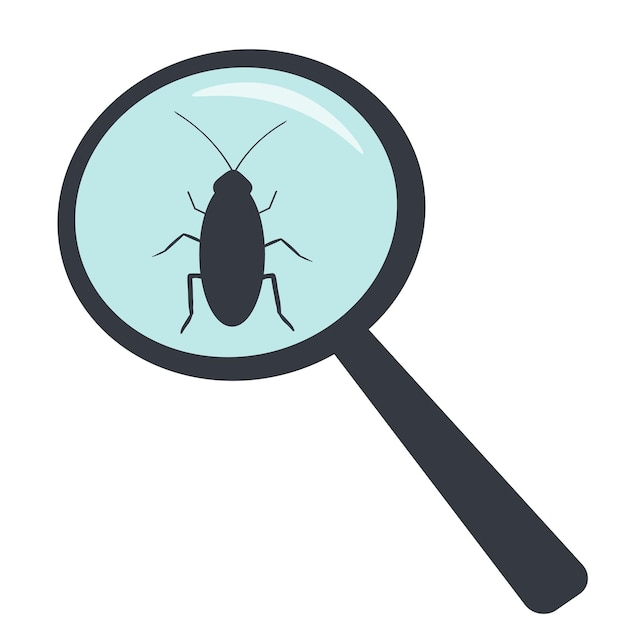 Cockroach isolated with a magnifying glass on a white background Vector illustration