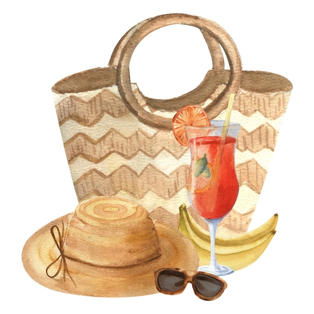 해변 모자 가방과 선글라스 수채화 배경에 칵테일