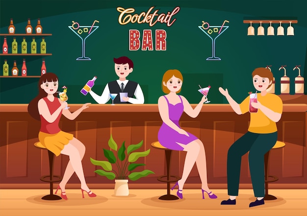 Cocktail bar o discoteca con succhi di frutta alcolici, bevande o cocktail illustrazione