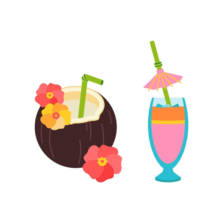 Vector cocktail in coconut beach set for summer trips vacation accessories for sea vacations