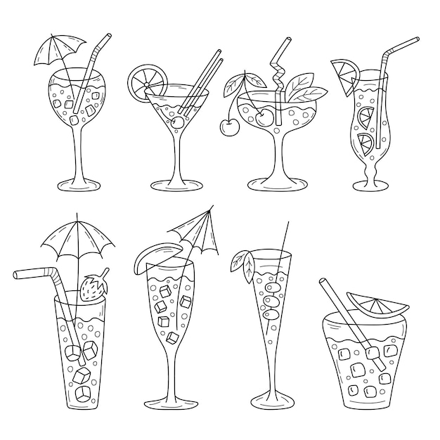 Cocktail doodle set Hand drawn outline bar drinks