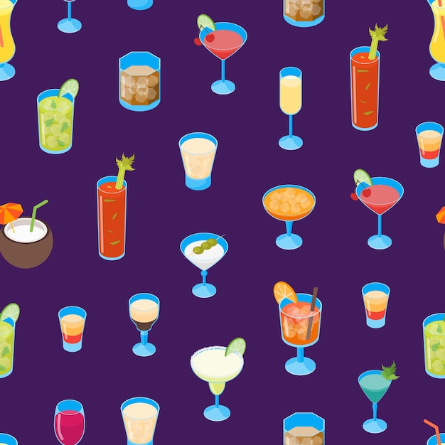 Cocktail Drink in Glass 3d Seamless Pattern Background Alcohol Beverage for Bar Restaurant or Party Vector illustration