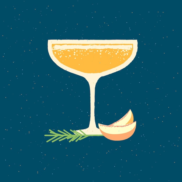 Cocktail drink glass with peach and rosemary Flat vector texture illustration