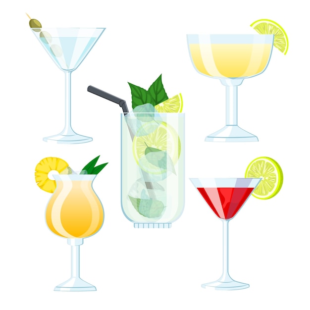Cocktail drink set cartoon vector illustration