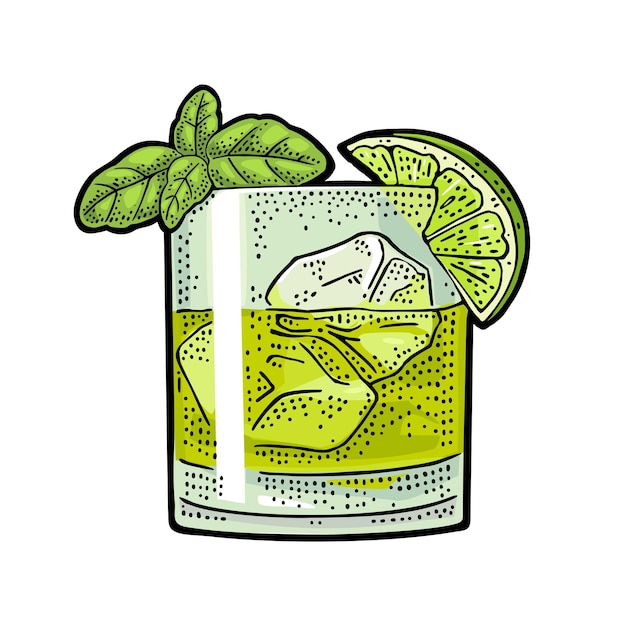 Cocktail gin basilicum smash Vintage kleur vector gravure illustratie voor label poster uitnodiging om te feesten geïsoleerd op witte achtergrond