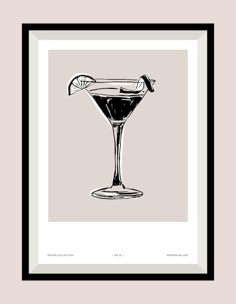 Cocktail glass hand drawn illustration in a poster frame for wall art gallery