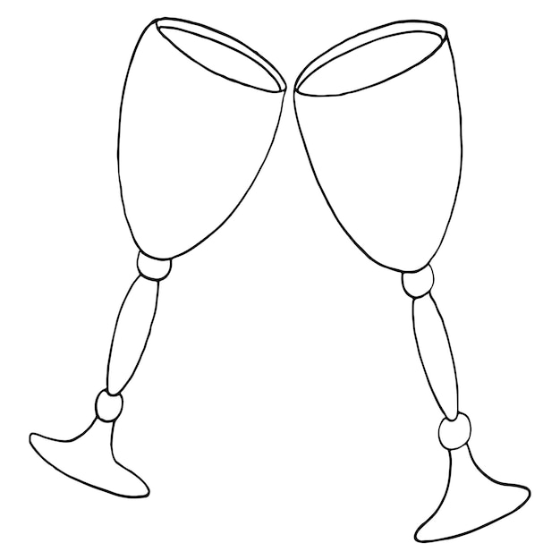 Cocktail glasses champagne wine drawing in flat line style lineart vector